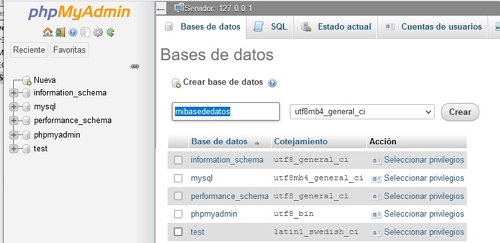 php my admin crear nueva base de datos