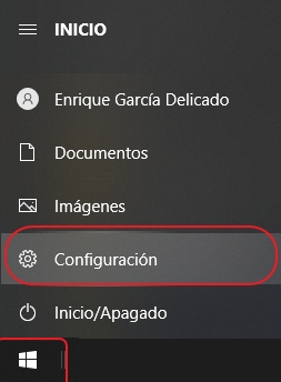 menu inicio configuracion