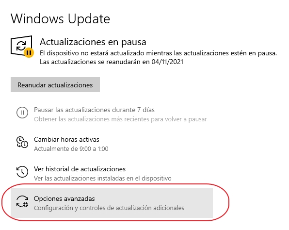 windows update opciones avanzadas