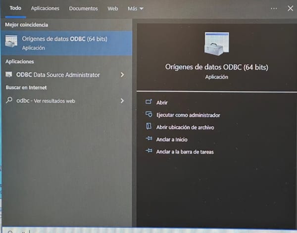 origen datos odbc menu windows
